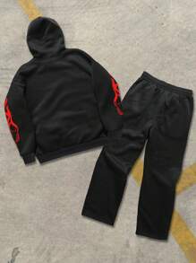 Manfinity EMRG 男士大码字母印花连帽运动衫和运动裤两件套休闲套装，春/秋 - 黑色 - 查看 2