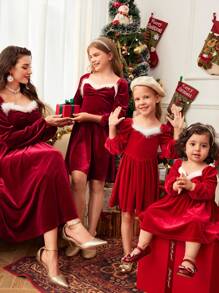 SHEIN Vestido de manga larga de terciopelo rojo elegante y lindo para bebé niña en otoño/invierno, conjunto a juego de mamá e hija para Navidad (2 piezas se venden por separado) - Rojo - Ver 11