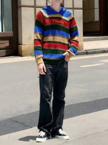 Manfinity Roghcode Áo len có mũ trùm đầu in chữ thiết kế sọc nam - Nhiều màu - Xem 4