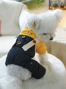 PETSIN 1 件宠物狗秋冬加厚保暖双色牛仔休闲风格二合一工装裤棉服 - 黃色 - 查看 1