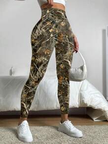 SHEIN EZwear 休闲简约秋季裸枝印花针织女式紧身裤，适合秋冬季