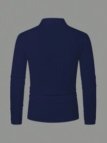 Manfinity Homme 男士纯色长袖休闲办公室 Polo 衫，春秋两季，适合秋季 - 寶藍色 - 查看 2