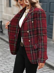 SHEIN LUNE 新年服装女式西装外套，时尚双排扣格子厚西装外套