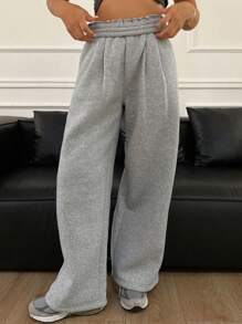 DAZY Quần ống rộng lót nhiệt màu trơn dáng rộng có cạp chun cho nữ - Xám - Xem 7