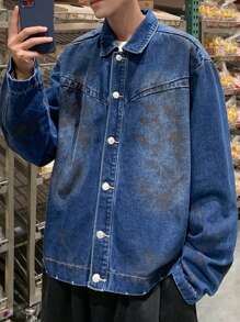 Claim Dot Men's Dark Blue Distressed Denim Jacket - Dark Wash - View 3