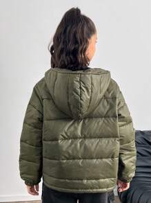 SHEIN Teen Girl Open Front Solid Casual Hoodie With Pockets, Warm Thick Outerwear - Army Green - View 2