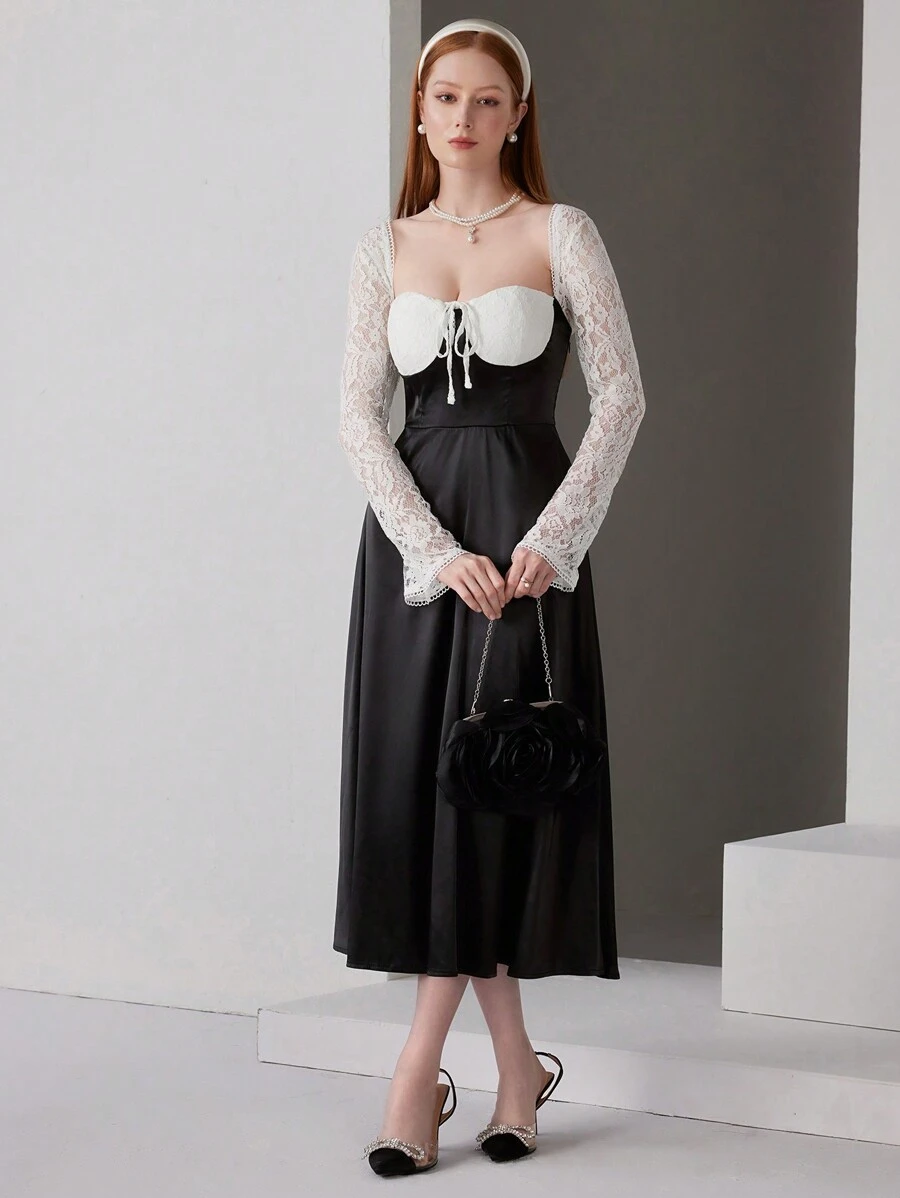 SHEIN Belle 女式撞色蕾丝拼布舞会礼服 - 黑與白 - 查看 1