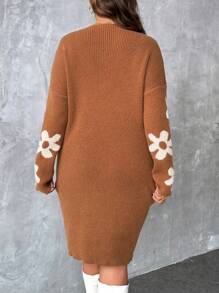 SHEIN LUNE 加大码落肩袖花卉刺绣宽松毛衣连衣裙商务休闲女士、度假装、乡村上衣，适合冬季