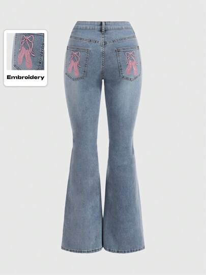 Kawaii Ladies' Sweet Ballet Flats Design Embroidered Flared Denim Pants With Back Pockets, School