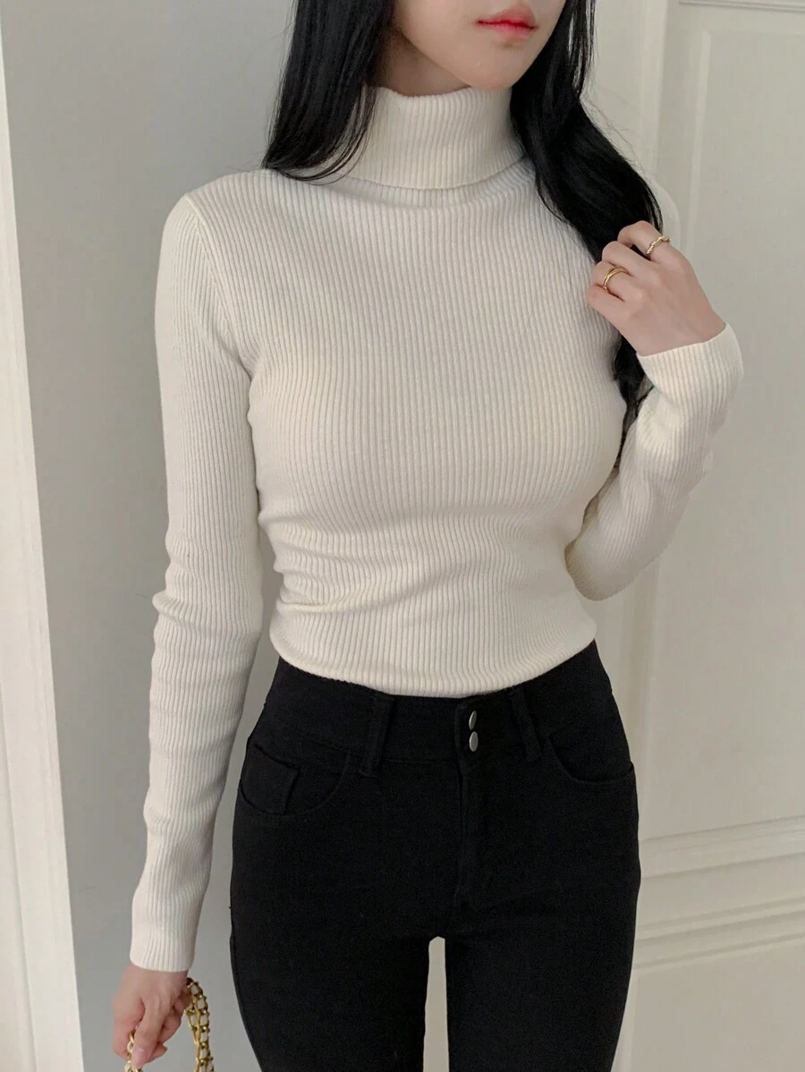DAZY New Arrival Solid Color Turtleneck Slim Fit Sweater, Autumn,Long Sleeve Tops,Fall Women Clothes - White - View 1