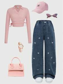 SHEIN Quần Jeans Thường Ngày Phong Cách Y2K Rộng Rãi Màu Xanh Dương Có Thêu Hình Trái Tim Cho Bé Gái Tuổi Teen, Thích Hợp Mặc Hàng Ngày - Rửa tối - Xem 3