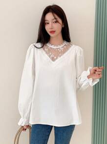 DAZY 长袖宽松女式衬衫，撞色蕾丝细节，荷叶边，秋季服装 - 白色 - 查看 5