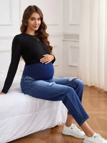 Maternity Contrast Patchwork High Waist Ripped Denim Jeans - Medium Wash - View 6