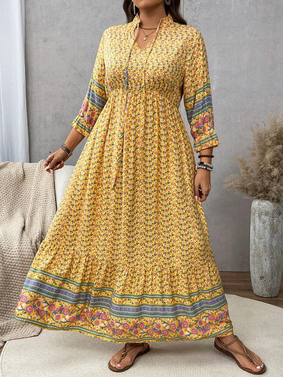 SHEIN VCAY Đầm nữ cỡ lớn họa tiết hoa nhí, bèo nhún, thắt nơ phía trước, tay lửng 3/4, kiểu dáng thường ngày. - Màu vàng - Xem 1