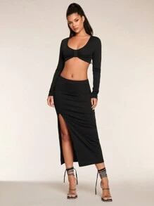 Glamine Set de mini fuste cu mânecă lungă, neagră, sexy, 2 buc