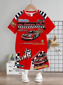 SHEIN Little Racer & Young Boy Simple Casual Round Neck Short Sleeve T-Shirt And Shorts Set, Suitable For Summer - Red - View 2