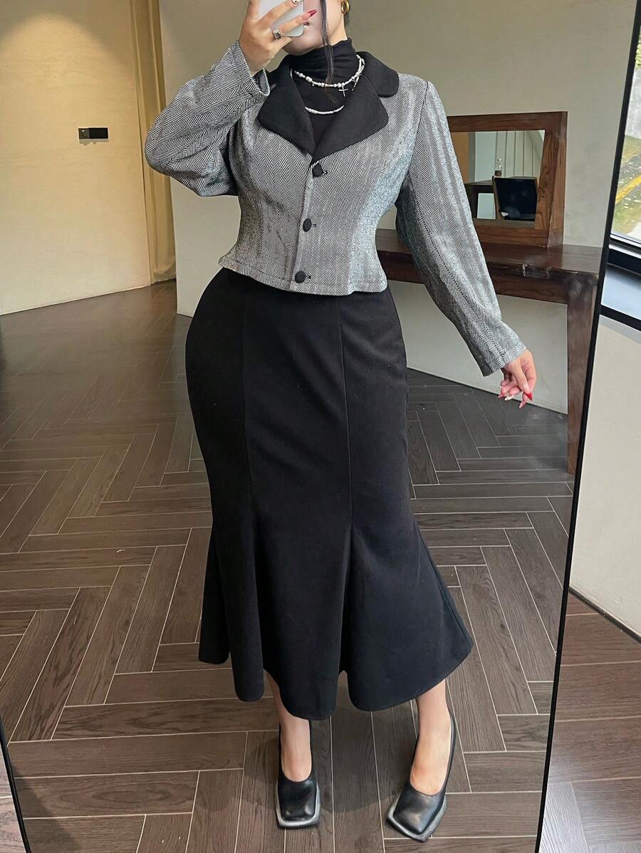 SHEIN Clasi 大码秋冬复古风格提花拼色翻领修身夹克和中长 A 字裙两件套，女士商务装