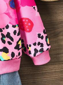 SHEIN Áo nỉ dài tay cổ tròn in họa tiết da báo và hoa phong cách đường phố giản dị cho bé gái dùng hàng ngày và đi nghỉ, phù hợp cho mùa thu/đông - Hồng - Xem 3