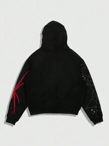 ROMWE MEN Men's Casual Letter Print Hoodie, Long Sleeve - Black - View 2