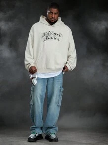 Manfinity VCAY Plus Size Men's Loose Knit Letter & Pocket Hoodie, For Fall Winter - Apricot - View 2