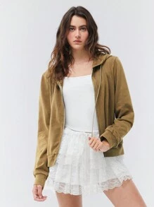 SHEIN EZwear Washed Zip Front Drawstring Thermal Hoodie - Khaki - View 5