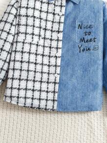 女童黑白格子拼布牛仔夹克，秋季 - 藍色 - 查看 6