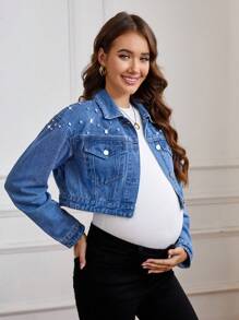 SHEIN Pregnant Women's Spring & Autumn Casual Cropped Denim Jacket With Rhinestone Decor, For Maternity - Medium Wash - View 3