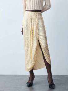Maija Women's Khaki Sequin Solid Color Pleated Skirt For Party - Gold - View 4