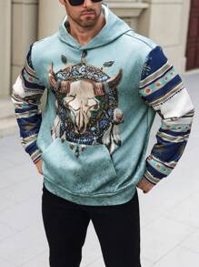 Manfinity LEGND Men's Plus Size Solid Color Patchwork Printed Long Sleeve Hooded Casual Sweatshirt - Multicolor - View 1
