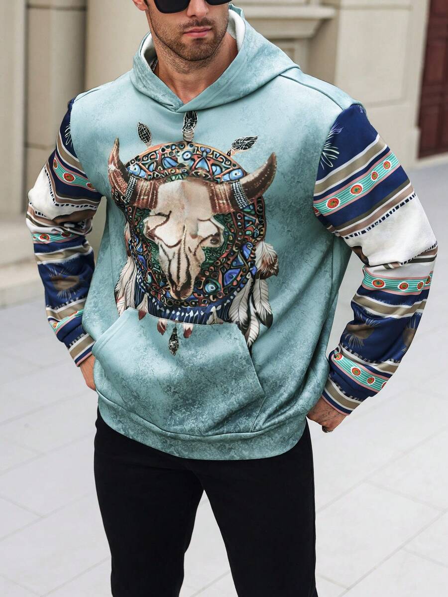 Manfinity LEGND Men's Plus Size Solid Color Patchwork Printed Long Sleeve Hooded Casual Sweatshirt - Multicolor - View 1