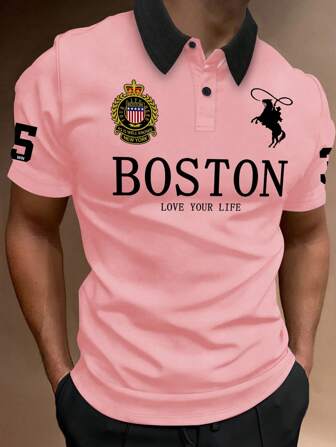 Manfinity Sporsity Herren Poloshirt mit einfarbigem Patchwork und Buchstaben Muster, Kurzarm