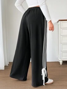 SHEIN EZwear Spodnie damskie Plus Size z elastycznym pasem i bocznymi paskami, luźne, swobodne, czarne