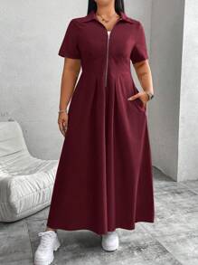 Flirla Vestido minimalista de manga corta con bolsillo y cremallera frontal en unicolor burdeos para mujer de talla grande - Burdeos - Ver 4