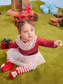 SHEIN Conjunto de pantalones a rayas de Navidad informales para niñas bebé - Rojo y blanco - Ver 3