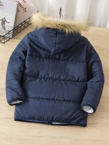 SHEIN Leap Crew 1 件 Tween 男童休闲连帽保暖加厚棉衣，适合秋冬季户外、学校、聚会、百搭 - 藏蓝色 - 查看 2