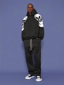 SUMWON Artistic Skull Sleeve Pattern Pullover Hoodie Casual Athletic Streetwear Fall Winter Essential Loungewear Relaxed Fashion Statement - Black - View 5