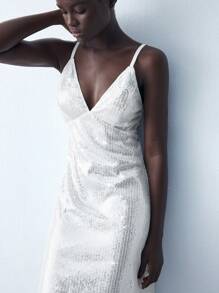 Maija 女式白色优雅长款亮片吊带裙，适合秋冬季