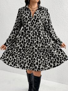 Calvaya Vestido de manga larga con escote en V, dobladillo con volantes, estampado de leopardo, talla grande