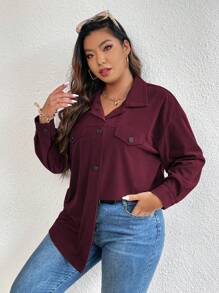 SHEIN LUNE 大码纯色前扣长袖口袋休闲夹克 - 酒紅色 - 查看 6