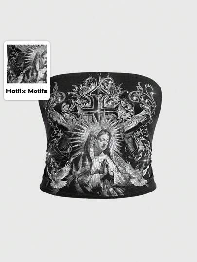 Goth Top corto sin mangas con estampado de la Virgen María para mujer talla grande