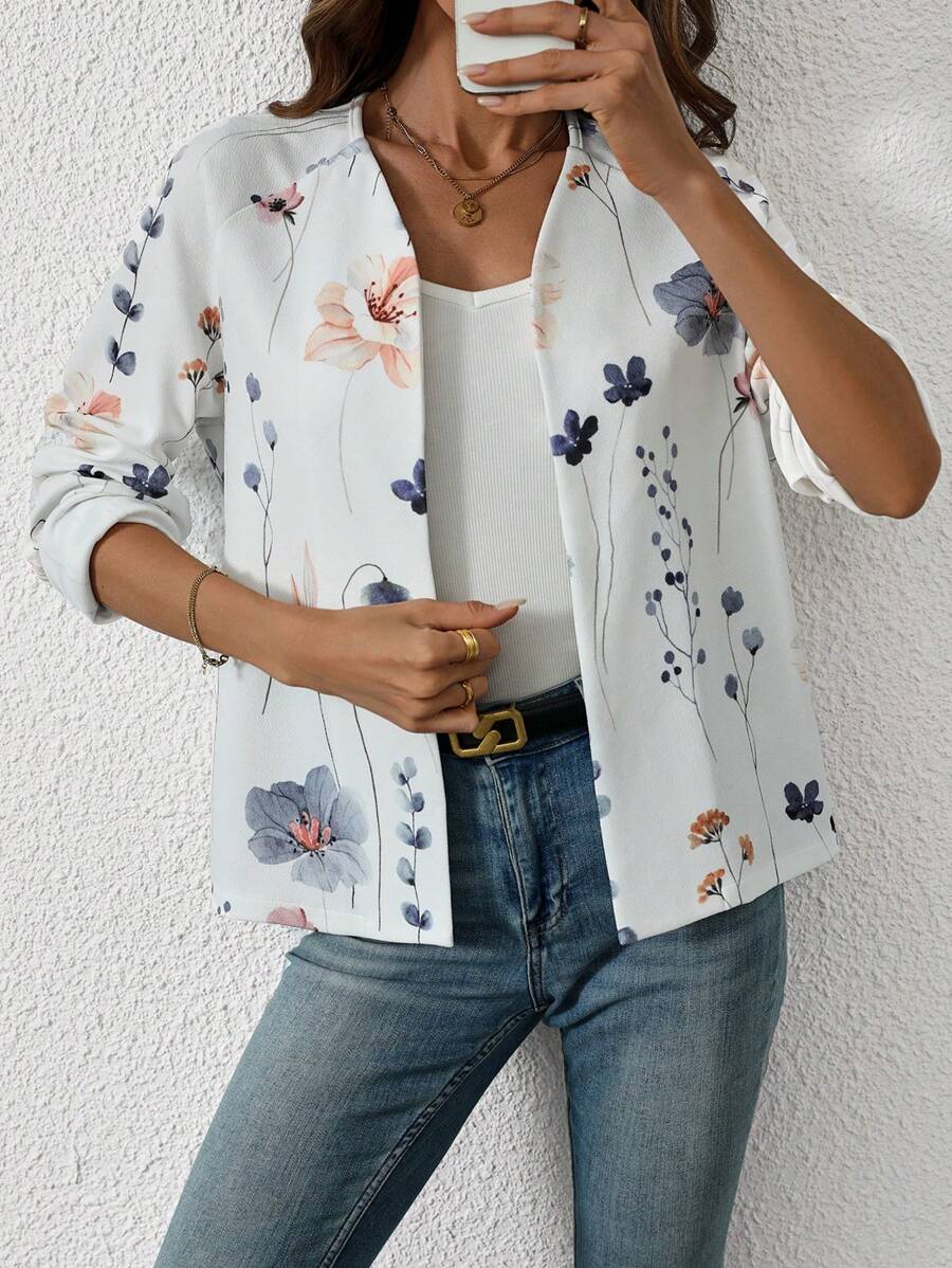 Chiquease Áo khoác nữ tay dài hở trước họa tiết hoa thường ngày đa năng - trắng - Xem 1
