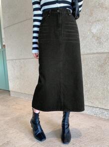 DAZY Chân váy denim dáng ôm màu trơn có túi, cài nút. - màu đen - Xem 8