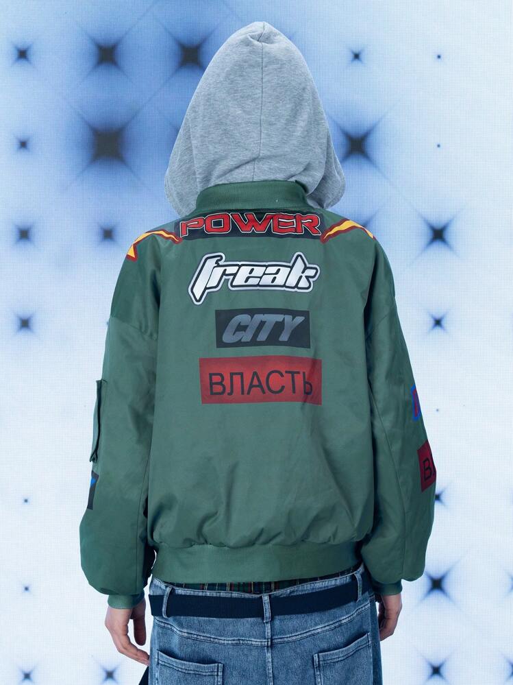 FREAK CITY Chaqueta de bombardero con capucha con estampado de letras retro en color verde oliva, para vacaciones, salir, vacaciones, festival, entrenamiento, que se adapta a Ibiza - Verde Oliva - Añade 2