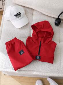 SHEIN 2 件男婴圣诞装饰针织领连帽衫和松紧腰裤套装，休闲运动百搭装，适合外出、居家、圣诞派对