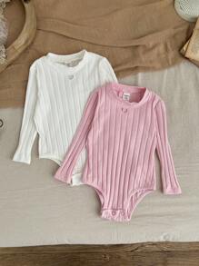 SHEIN LMoss Kids LMoss 2pcs/Set Newborn Baby Girls Cute Knitted Hollow Heart Pattern Long Sleeve Bodysuit Set For Autumn/Winter - Multicolor - View 5