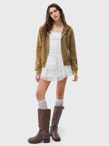 SHEIN EZwear Washed Zip Front Drawstring Thermal Hoodie - Khaki - View 4