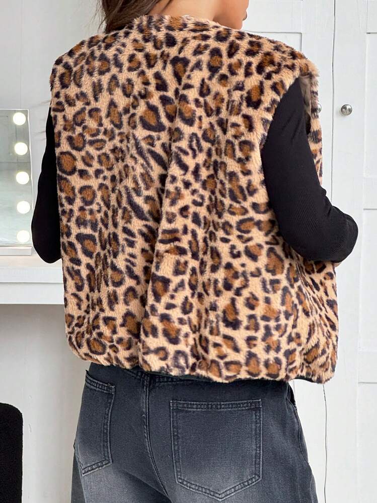 SHEIN EZwear Leopard Print Fur Vest Jacket For Women | SHEIN USA