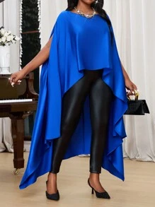 SHEIN Lady Blusa elegante de cuello de barco azul tejida de talla grande para primavera, verano, otoño e invierno con mangas divididas. Trajes elegantes de otoño y verano para curvas en azul real - Azul - Ver 4