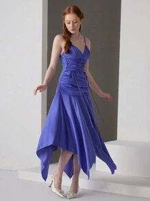 SHEIN Belle 女士不对称下摆细肩带交叉正式晚礼服 - 藍色 - 查看 6