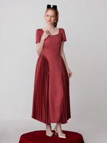 SHEIN Belle 女士素色簡約日常短袖晚禮服（厚款） - 紅色 - 查看 3